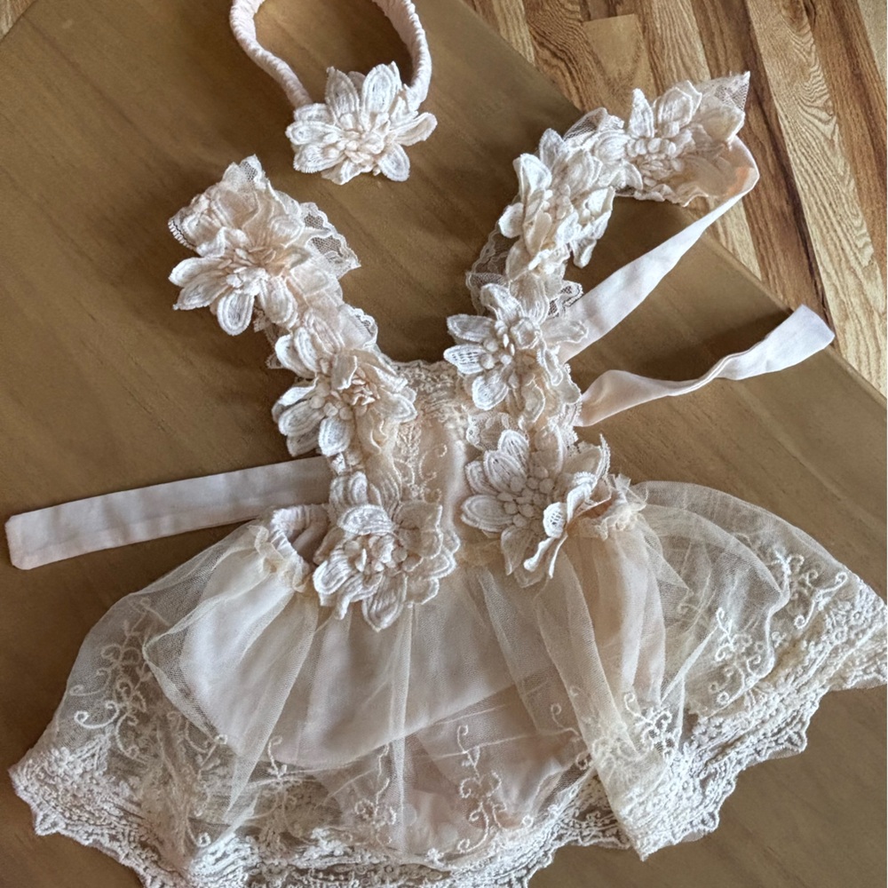 Newborn Photography Ivory Floral Lace Baby Dress with Headband